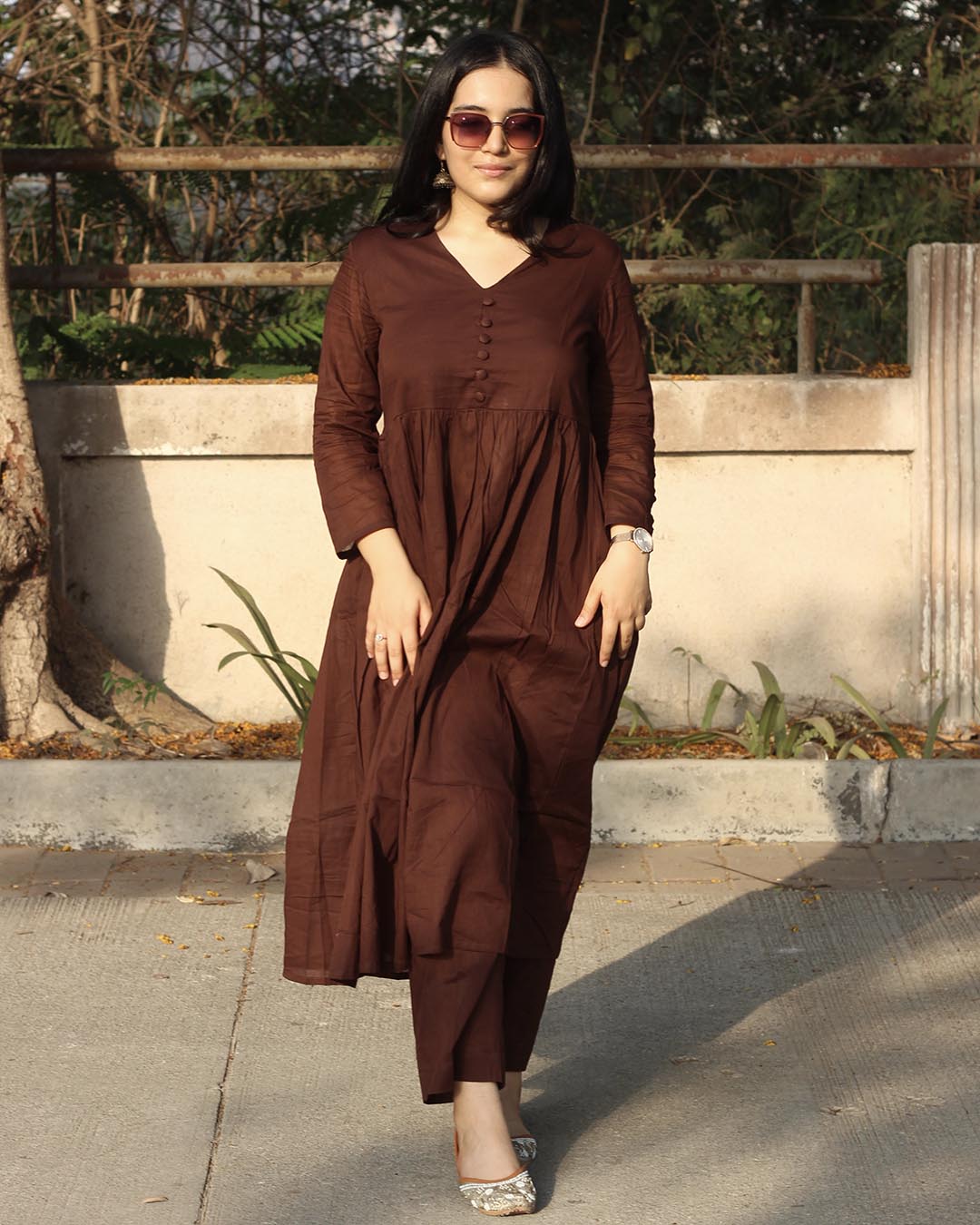 Aziino Brown Solid Flared Kurta Set for Women 8 Aziino Brown Solid Flared Kurta Set for Women - Image 8