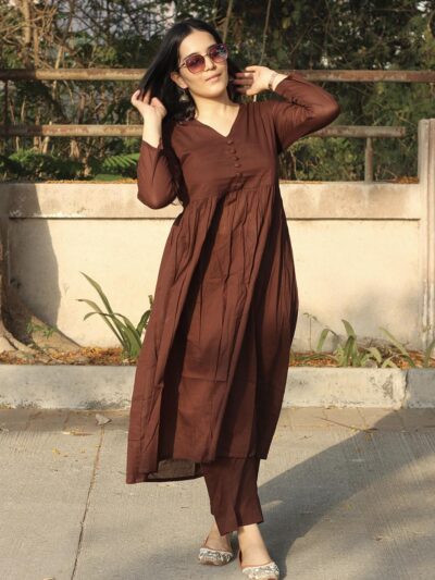Aziino Brown Solid Flared Kurta Set for Women