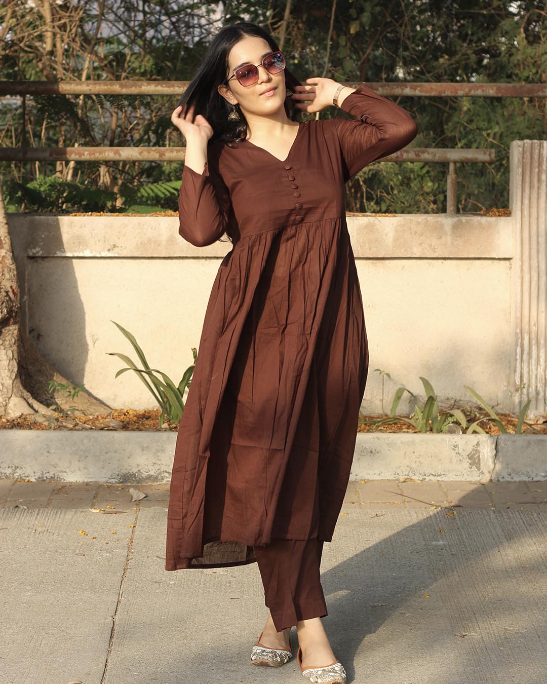Aziino Brown Solid Flared Kurta Set for Women 1 Aziino Brown Solid Flared Kurta Set for Women