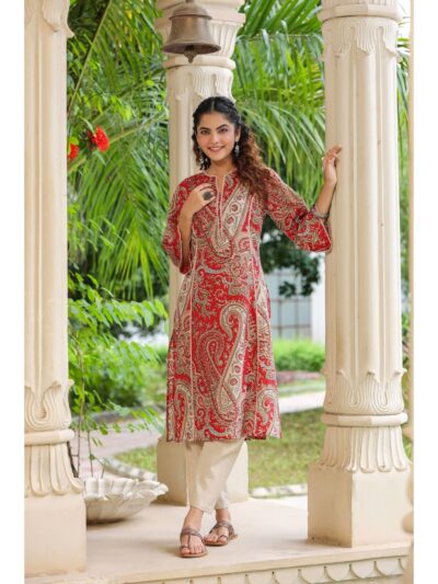 Red Paisley Print Straight Kurti