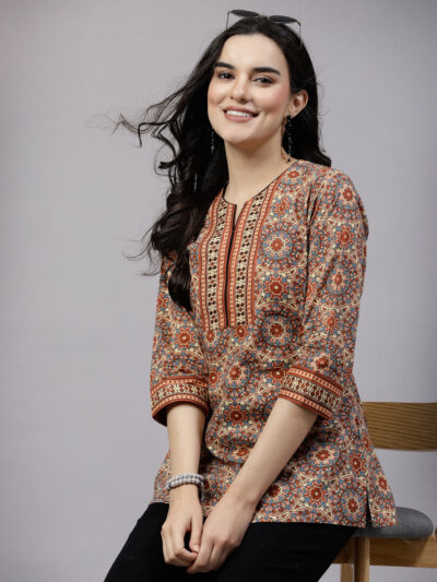 Home 18 Rust & Teal Printed Straight Kurti Top with Embellished Yoke