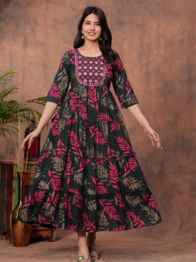 Home 20 Printed Tiered Anarkali Kurti Dress Forest Green