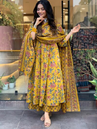 Floral Print Anarkali Kurta Set with Dupatta Yellow