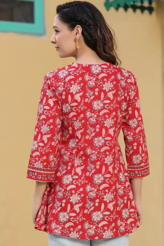 Red Floral Printed V-Neck Kurti Top with Yoke Detail 5 Red Floral Printed V-Neck Kurti Top with Yoke Detail - Image 5
