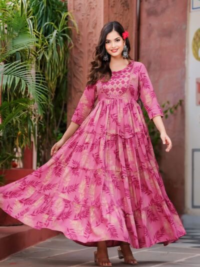 Printed Tiered Anarkali Kurti Dress Pink