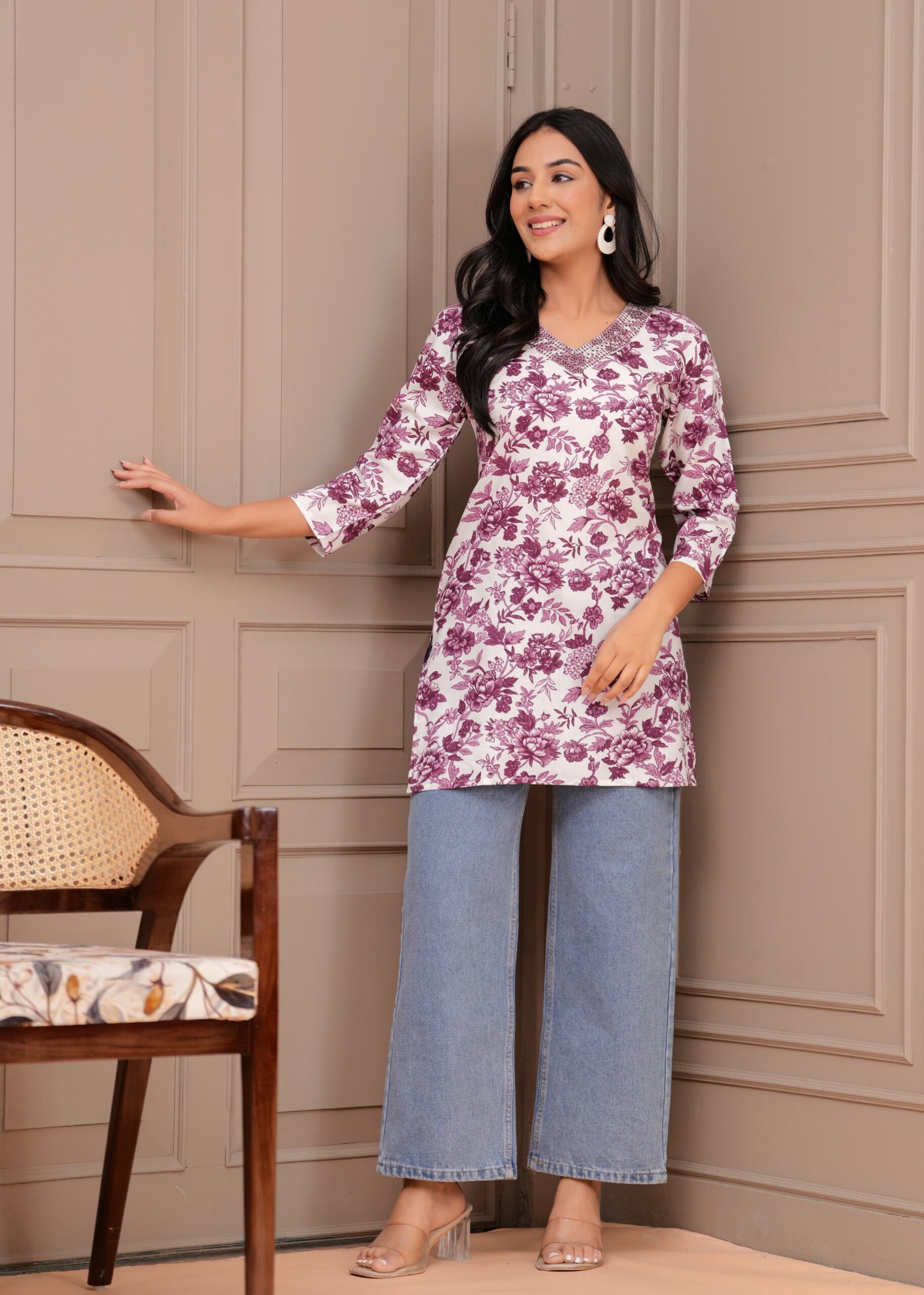 Floral Print V-Neck Kurti Top 9 Floral Print V-Neck Kurti Top - Image 9