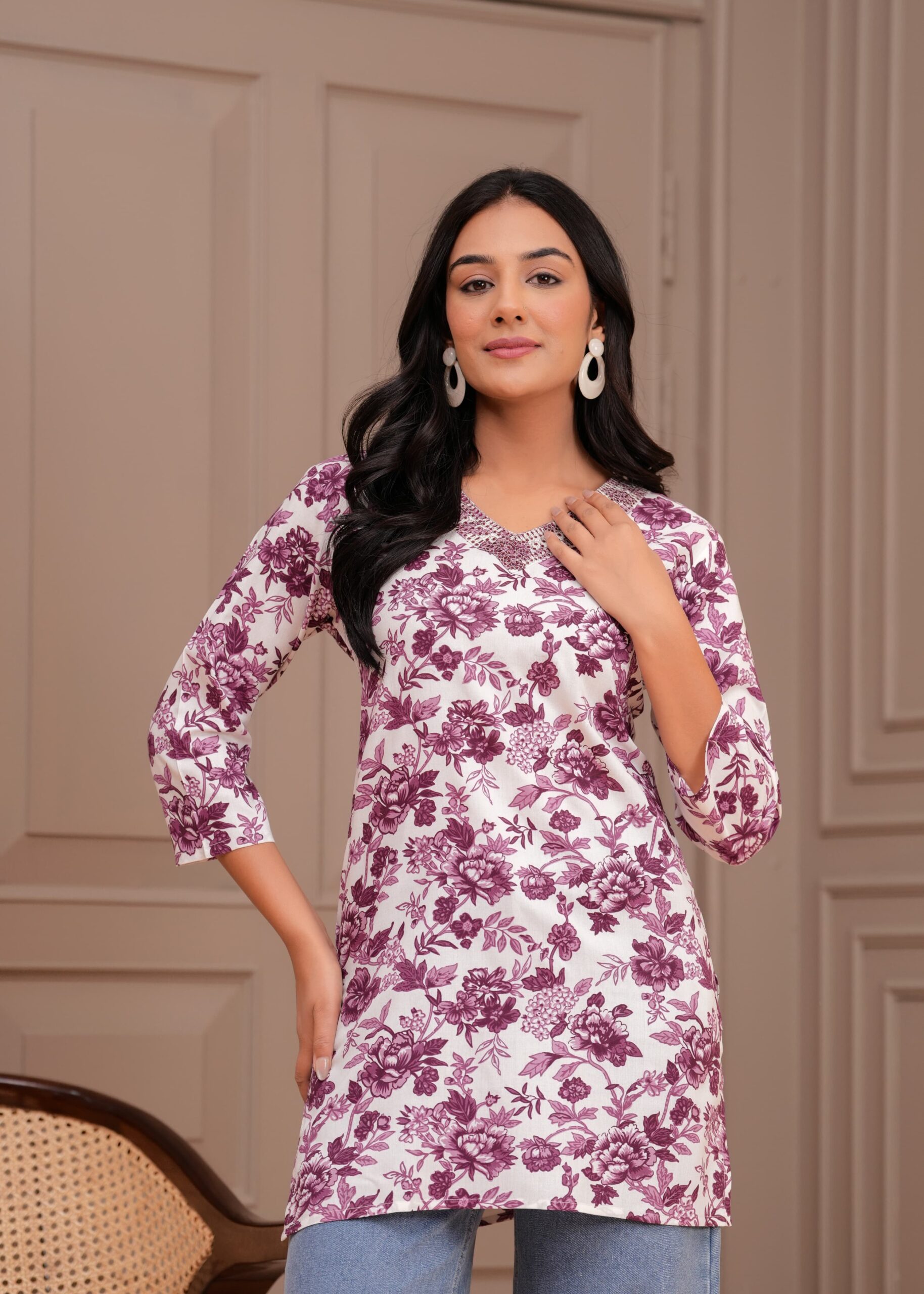 Floral Print V-Neck Kurti Top 7 Floral Print V-Neck Kurti Top - Image 7