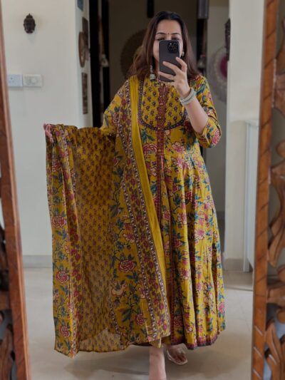 Noor-E-Bagh Floral Anarkali Set with Dupatta Mustard Yellow