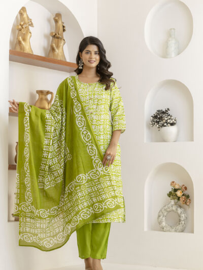 Olive Green Printed Kurta Set with Matching Pants & Dupatta