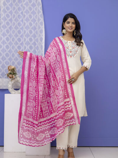 Ivory Kurta Set with Pink Printed Dupatta