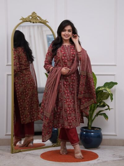 Home 26 Maroon Aarzoo Ajrakh Printed Kurta Set with Dupatta