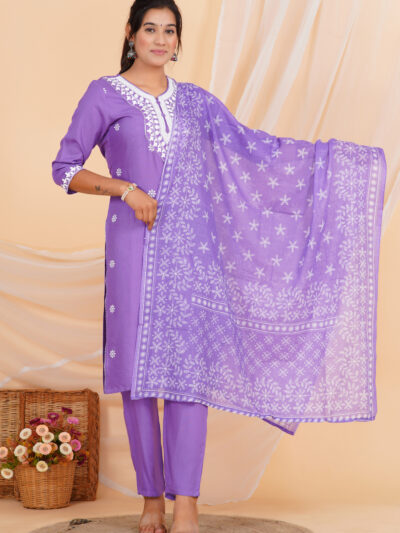 Printed Kurta Set with Embroidered Neckline & Coordinated Dupatta Purple