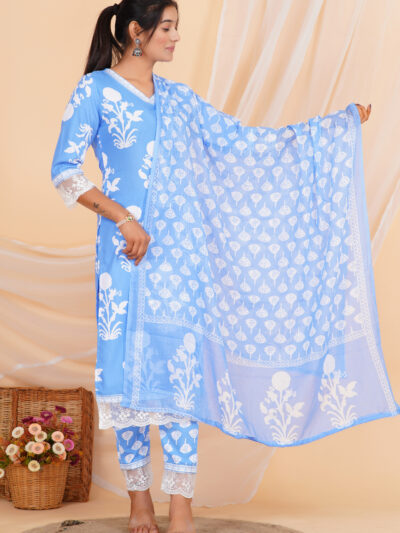 Sky Blue Gulbahar Printed Kurta Set with Dupatta