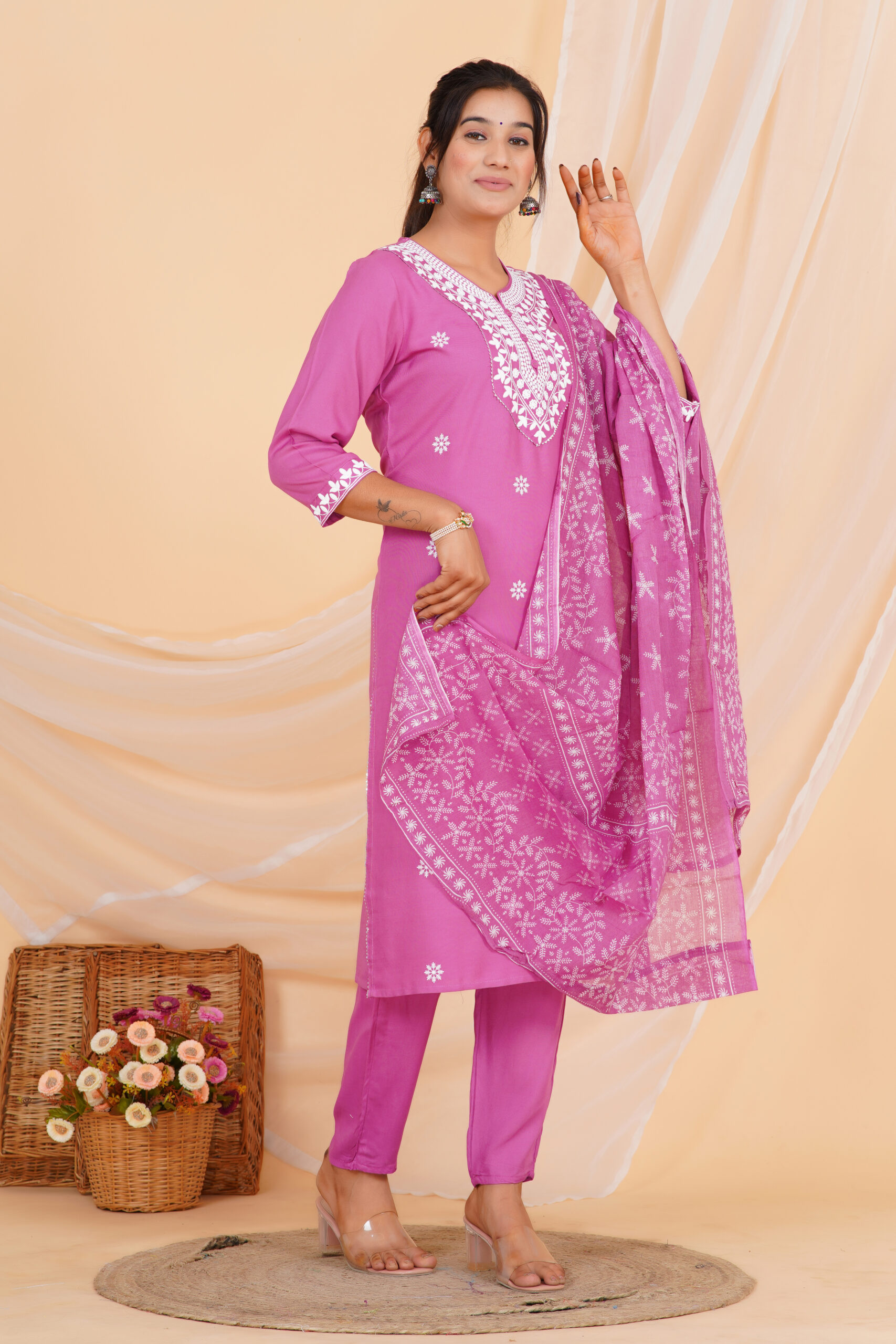 Printed Kurta Set with Embroidered Neckline & Coordinated Dupatta Pink 22 Printed Kurta Set with Embroidered Neckline & Coordinated Dupatta Pink - Image 22