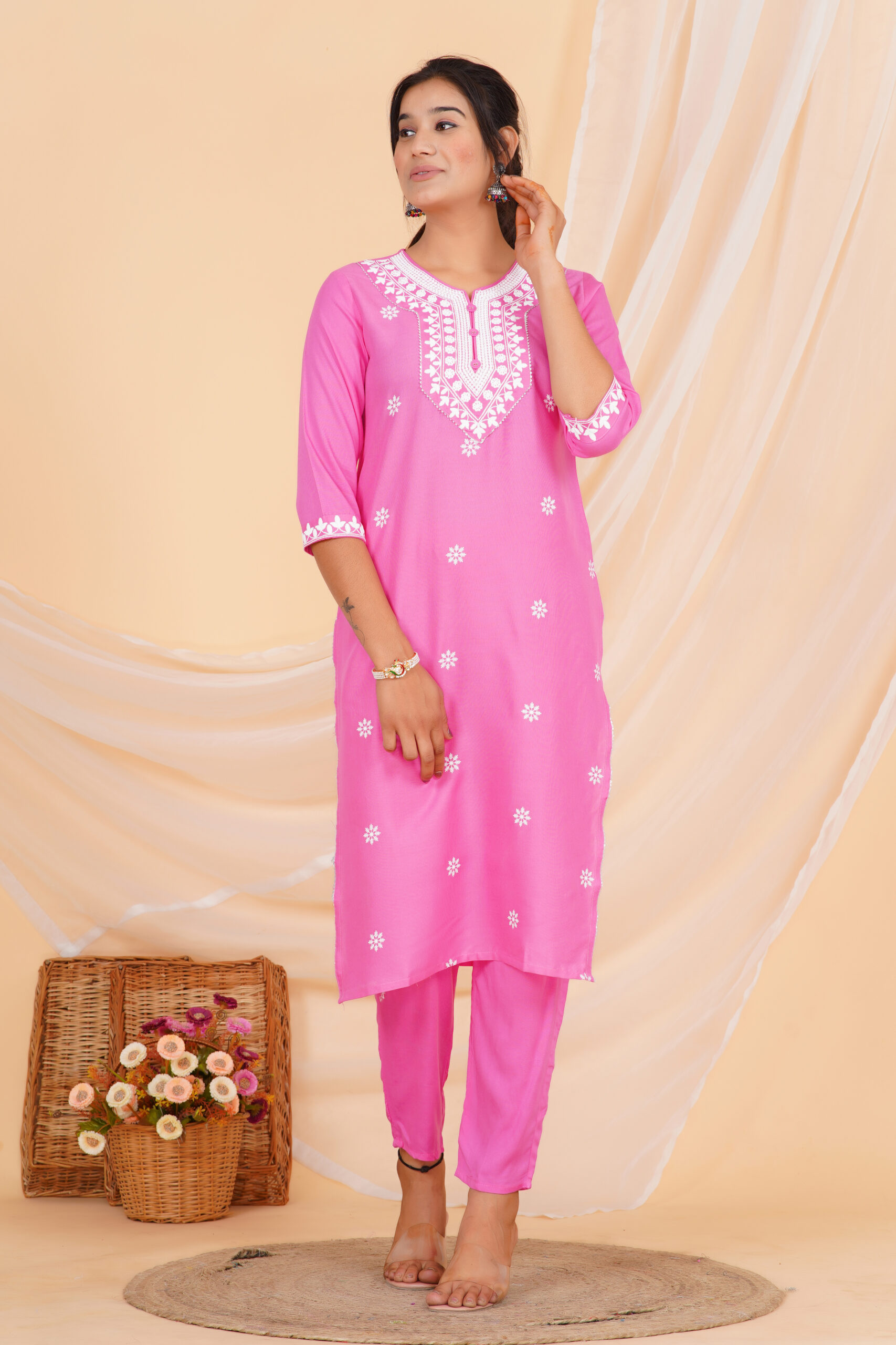 Printed Kurta Set with Embroidered Neckline & Coordinated Dupatta Pink 5 Printed Kurta Set with Embroidered Neckline & Coordinated Dupatta Pink - Image 5