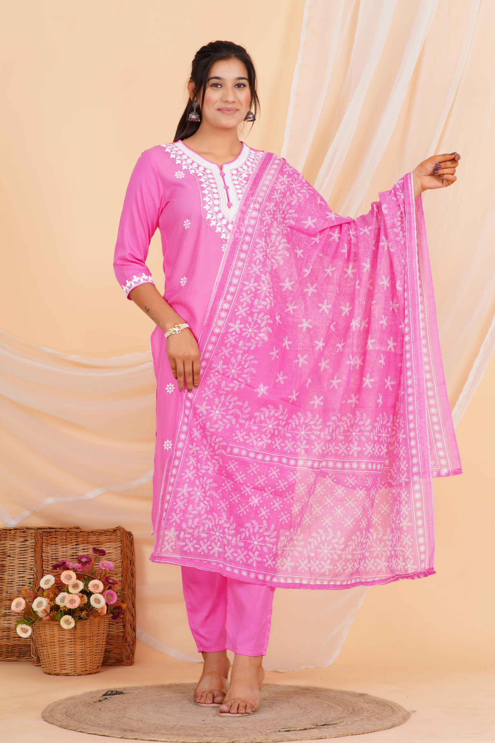 Printed Kurta Set with Embroidered Neckline & Coordinated Dupatta Pink 2 Printed Kurta Set with Embroidered Neckline & Coordinated Dupatta Pink - Image 2