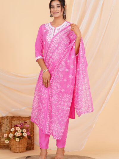 Printed Kurta Set with Embroidered Neckline & Coordinated Dupatta Pink