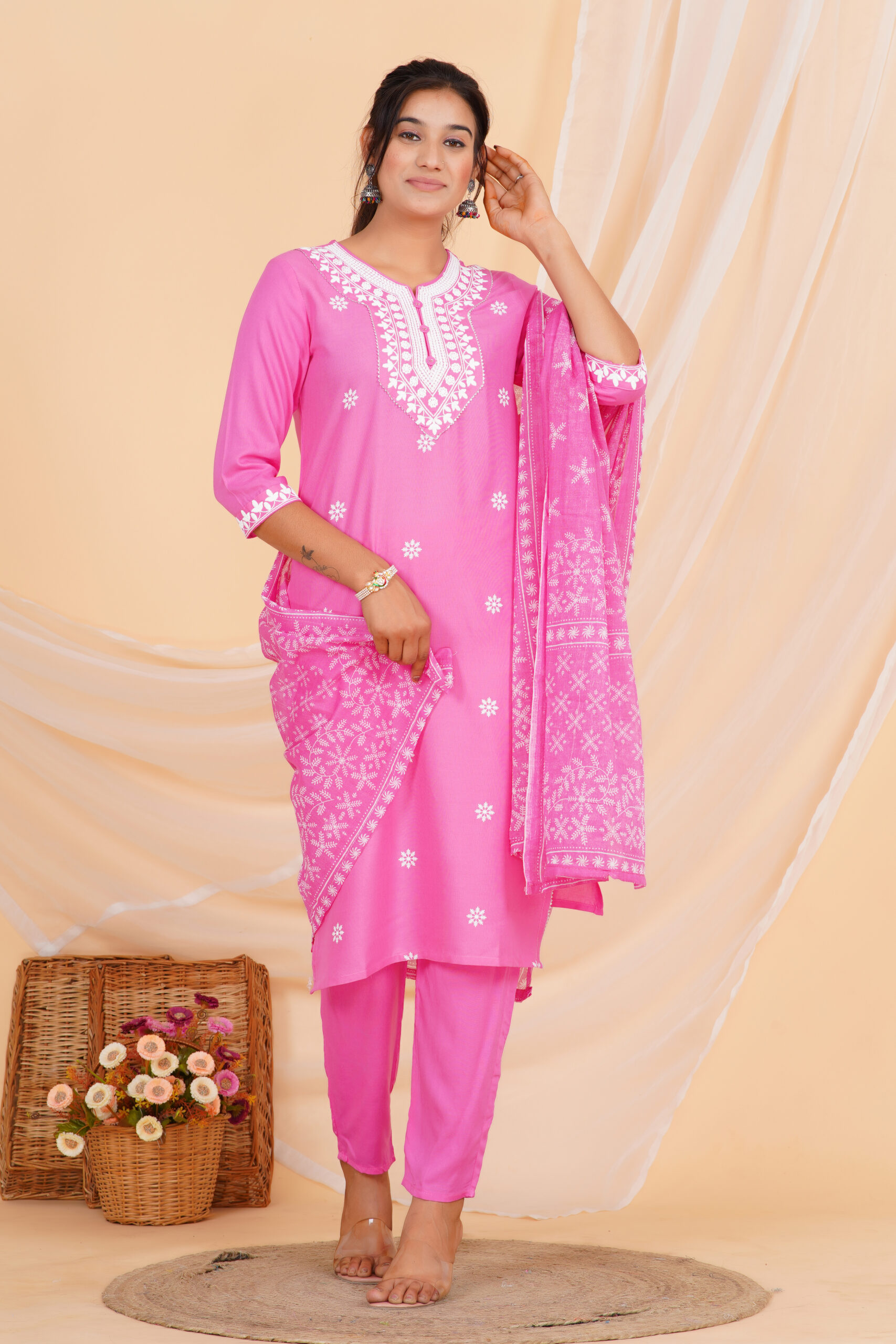 Printed Kurta Set with Embroidered Neckline & Coordinated Dupatta Pink 7 Printed Kurta Set with Embroidered Neckline & Coordinated Dupatta Pink - Image 7