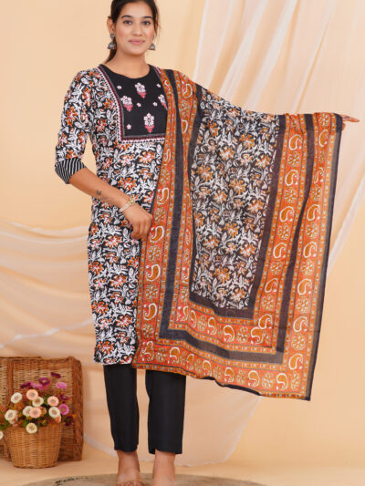 Noir Rust Floral Printed Kurta Set with Dupatta
