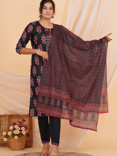 Midnight Rose Floral Printed Kurta Set with Dupatta