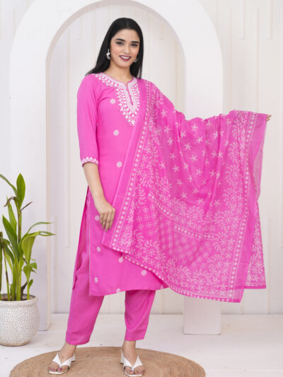 Embroidered Kurta Set with Printed Dupatta Pink