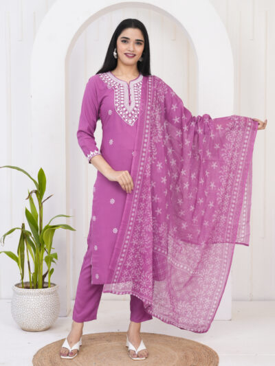 Embroidered Kurta Set with Printed Dupatta Plum