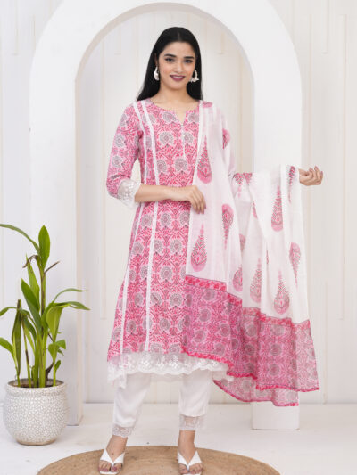Pink Floral Printed Kurta Set with Dupatta
