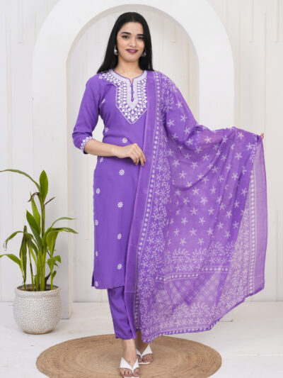 Embroidered Kurta Set with Printed Dupatta Purple