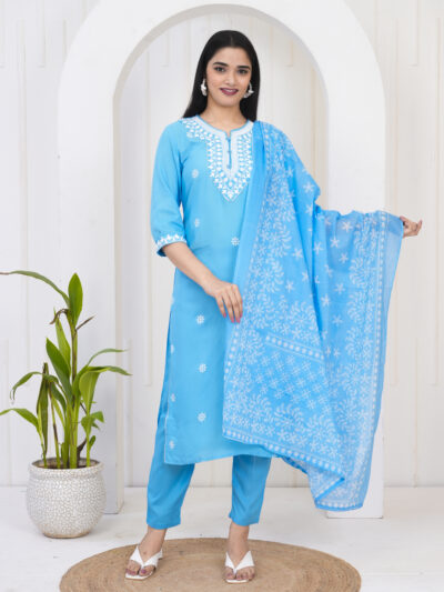 Embroidered Kurta Set with Printed Dupatta Sky Blue