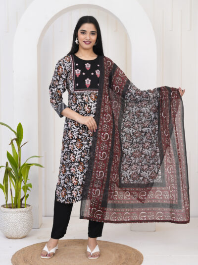 Black Printed Kurta Set with Contrast Dupatta