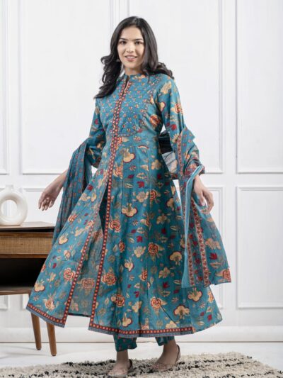 Noor-E-Bagh Floral Anarkali Set with Dupatta Aqua Blue