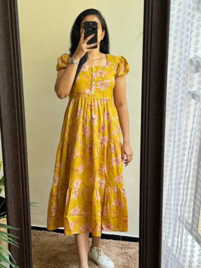 Golden Petal Tiered Midi Dress