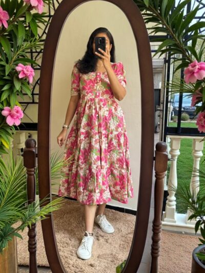 Pink Floral Tiered Midi Dress for Women
