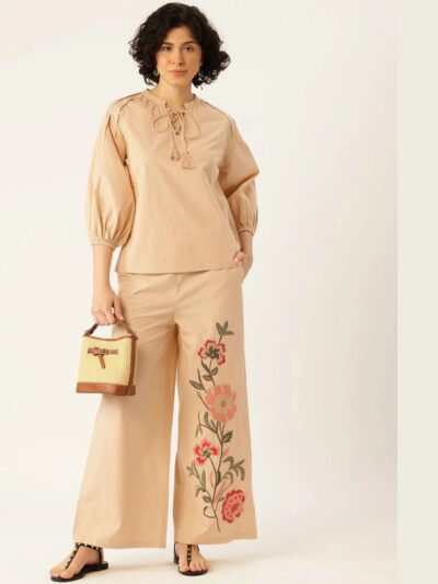 Neelika 2-Piece Floral Embroidered Co-Ord Set for Women Peach