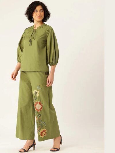 Neelika 2-Piece Floral Embroidered Co-Ord Set for Women Olive Green